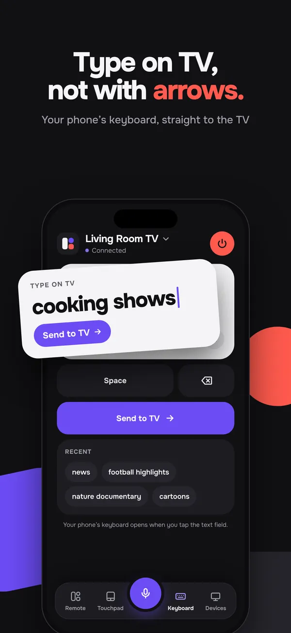 Type on TV, not with arrows. The keyboard sending “cooking shows” to the TV.